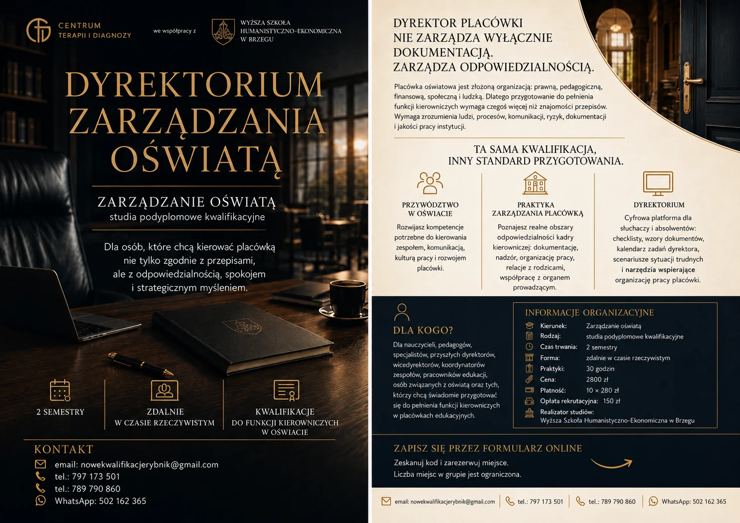 Ulotka kierunku Zarządzanie oświatą - przód i tył: program, sześć obszarów kształcenia, informacje organizacyjne i dane kontaktowe